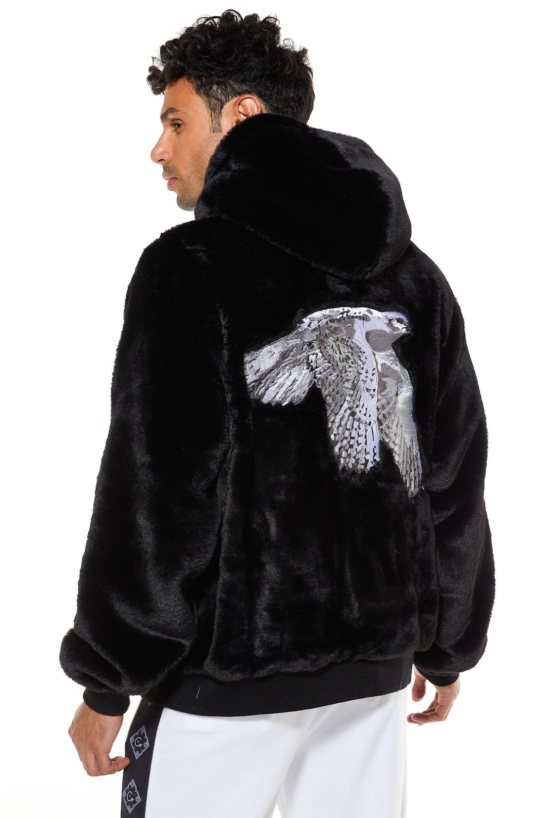 Black FUR HOODI WITH FALCON EMBROIDERY on the back